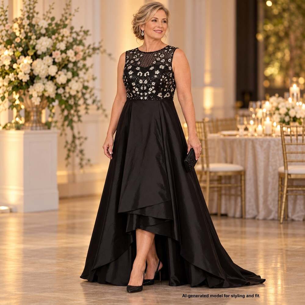 Adrianna Papell Sequin Floral High Low Gown Black Pockets Size 16 MOB Formal
